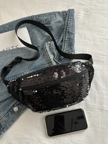 Túi đeo hông đính sequin lấp lánh, túi đeo ngực đính sequin lấp lánh, túi đeo chéo màu bạc ánh kim phong cách dự tiệc, túi xách đa năng cao cấp. - màu đen - Xem 4