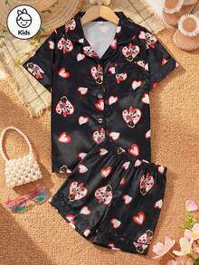 Disney Series Cartoon Butterfly & Heart Print 2-Piece Set, Cute Casual Matching Short Sleeve Top And Elastic Waist Shorts Pajamas For Tween Girls Silk-Like Soft Breathable Fabric Suitable For All Seasons - Black - View 3