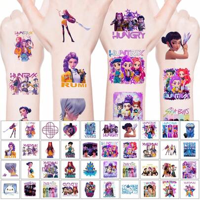 Hasbro 100张/4包 K-Pop卡通女巫狩猎贴纸，K-Pop彩色卡通动漫涂鸦创意贴纸，水转印临时纹身贴纸（随机款式）