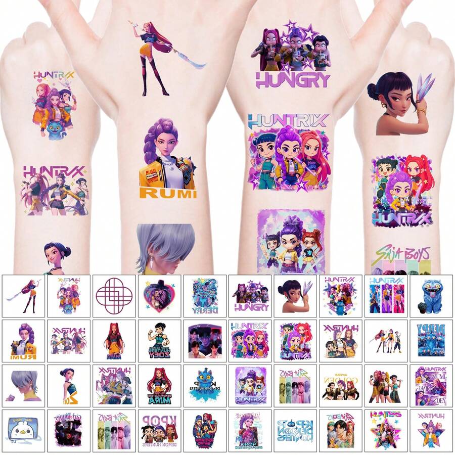 Hasbro 100张/4包 K-Pop卡通女巫狩猎贴纸，K-Pop彩色卡通动漫涂鸦创意贴纸，水转印临时纹身贴纸（随机款式）