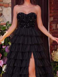 Faeriesty Glamorous Sequin Dress, Layered Chiffon Skirt, High Slit Design | Luxury Evening Gown Suitable For Formal Galas, Weddings, And Cannes Parties Spring Elegant Party Black - Black - View 5