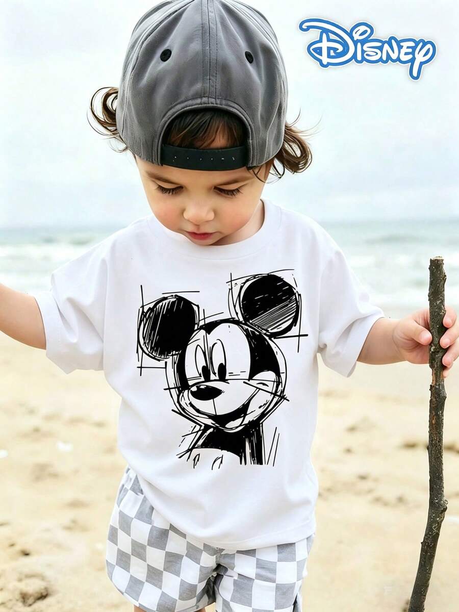 Disney Background Mickey Mouse Hand-Drawn Graffiti Style Print Kids' Loose Short Sleeve T-Shirt - Playful And Artistic Casual Top - 白色 - 查看 1
