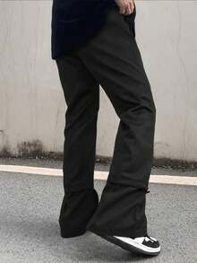 Pantalones anchos de pierna ancha con pliegues de estilo callejero estadounidense, pantalones casuales relajados con cintura ajustable para hombres - Negro - Ver 4