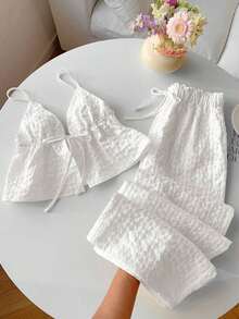 2 piezas Conjunto casual de vacaciones con rayas tejidas amarillas para mujer, /verano - Beis - Ver 12