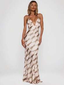 X Scheana  Zebra Striped Print Backless Sexy Maxi Dress Spring Summer Vacation Wedding Guest Occasion Birthday Elegant Cute Sexy Vacation Holiday Beach Ibiza Fall Night Out Wedding Guest Elegant Halloween Fall Chic Summer Outfit Long Dress - 杏色 - 查看 7