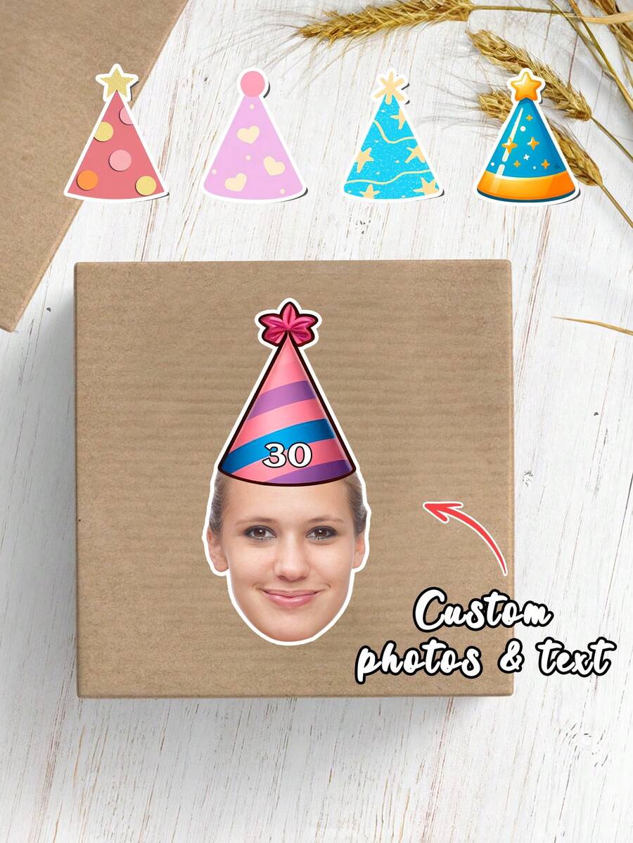 Customized Face Stickers With Party Hat - 30th Birthday Personalized Confetti Stickers. Customized Face Stickers, Personalized Stickers, 21st Birthday Stickers, Waterproof Vinyl Stickers, Birthday Party Customized Gifts. - Multicolor - View 1