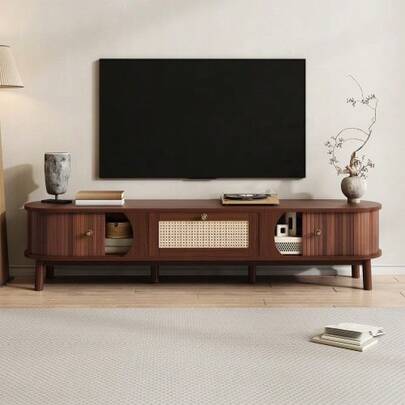TV Cabinet – A Television Cabinet With Natural Wood Doors And Rattan Drawers. Natural Storage Solutions For A Rustic Ambiance.