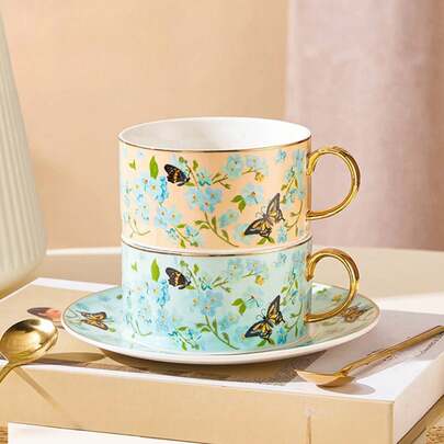 Bộ 2 tách và đĩa sứ (1 tách và 1 đĩa lót), thích hợp cho nhà bếp, nhà hàng, phòng khách, quà tặng lý tưởng để uống trà, cà phê, sữa, nước ép, trong các dịp cưới hỏi, tiệc tùng, sinh nhật.