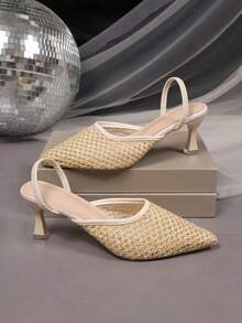 1 Pair Yellow Woven Plus Size Pointed Toe High Heel Sandals For Teen Girls, Breathable Mesh Woven, Elastic Back Strap Slip-On Design, Classic Hollow-Out Elevated Fashion Elegant Lightweight Stiletto Heels, Suitable For Casual, Party, Stage, Commuting, Vacation, Spring/Summer 2026 - Yellow - View 1