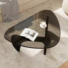 Nalupatio Grey Glass Top & Black Legs,Modern Coffee Table,Triangular Geometric Top,Mid-Century Irregular Shape,Easy-Clean Scratch-Resistant,Shatter-Proof Safety Glass,Triple Metal Rod Support,Sturdy & Durable,Living Room Focal Point - 黑色灰玻 - 查看 8