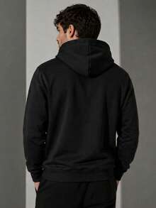 Men's Kangaroo Hoodie With Pocket, Hood, And Drawstring, Soft Fleece Lined, Printed, Unisex, Basic, Comfortable Winter Sweatshirt - 黑色 - 查看 7