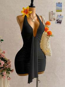 Vestido mini casual de vacaciones para mujer con escote en V profundo, cuello halter con lazo, y drapeado.Adecuado para la playa, cruceros y festivales de música en verano - Negro 2 - Ver 8