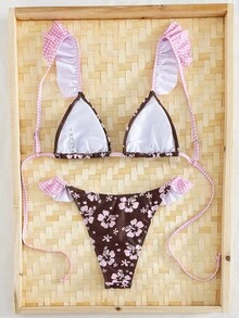 Bộ bikini hai mảnh gợi cảm, tối giản, thanh lịch, lãng mạn dành cho nữ, thích hợp cho đi biển, du lịch, dự tiệc, in họa tiết toàn thân, dây đeo mảnh, hàng mới về cho kỳ nghỉ xuân/hè. - Màu nâu - Xem 3