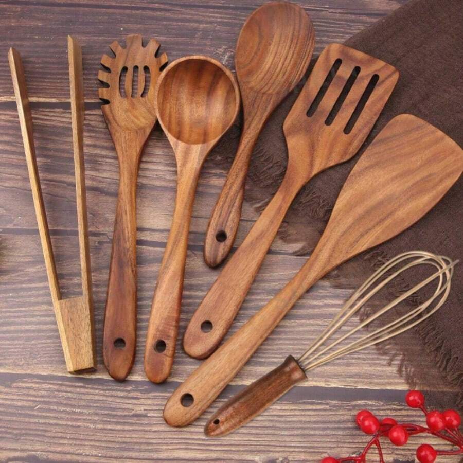 烹饪用具，木制厨房烹饪工具，不粘锅铲，厨房用品 - 棕色 - 查看 1