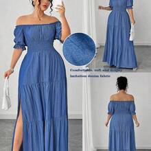 Auvina Plus Size Women's Spring/Summer Blue Solid Faux Denim Shirred Ruched Waist Elegant Casual Maxi Dress With Side Slit - Rosa Fucsia - Ver 2