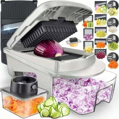 Picador de verduras y cebolla de 16 en 1, máquina de corte multifuncional, herramienta de procesamiento de ingredientes, picador de cebolla con cesta de drenaje, picador de zanahoria y ajo con recipiente, utensilios de cocina, accesorios de cocina, adecuado para el hogar/restaurante para picar verduras rápidamente