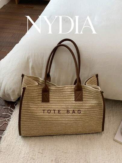 1pc French Retro Letter Embroidered Straw Tote Bag, 2026 New Summer Large Capacity Woven Handbag, Unique Design Vacation Beach Bag For Women, Casual Multipurpose Shoulder Bag Suitable For School, Work, Outing, Etc. Due To Lighting And Shooting Angle Differences, There May Be Slight Color Differences, Please Understand.