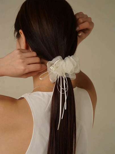 1PC Sheer Organza Scrunchie With Long Ribbon, Black & White Mesh Hair Tie, Elegant Elastic Hair Accessory For Women, For Ponytails, Bridal, Daily Wear & Romantic Style