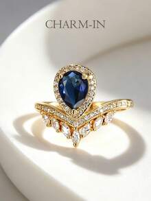 Charm-In Nhẫn hình giọt nước mạ vàng 18K đính đá CZ xanh dương, nhẫn statement đính đá CZ lấp lánh, trang sức cưới thanh lịch dành cho nữ, thích hợp cho tiệc tùng và đeo hàng ngày. - Vàng - Xem 1