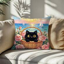 1 件装黑猫花卉印花抱枕套，柔软桃皮绒面料，45*45 厘米，适合房间装饰、室内客厅沙发装饰、派对装饰，装饰枕礼品 - 彩色 - 查看 4