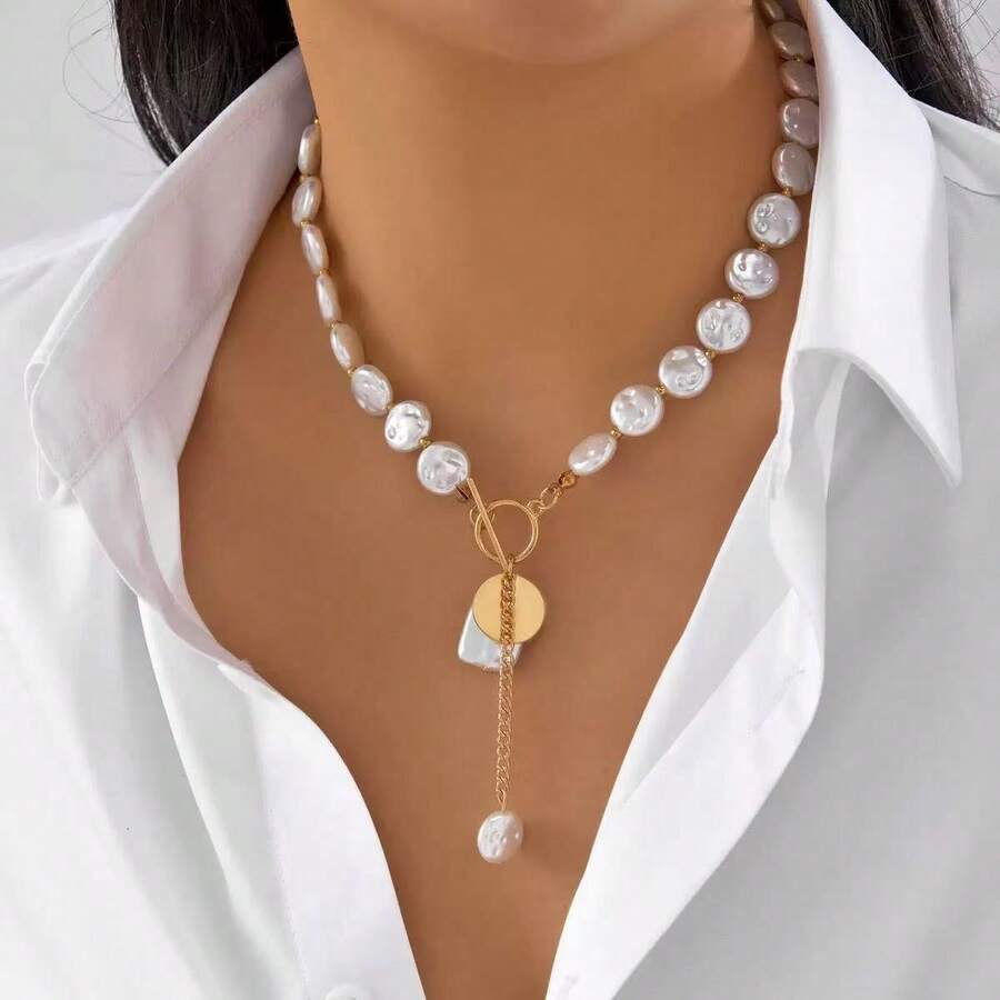1 chiếc vòng cổ ngọc trai Baroque không đều, kiểu dáng thời trang, thanh lịch, đa năng, dây chuyền ngọc trai giả dẹt có tua rua dành cho nữ. - Yêu - Xem 1