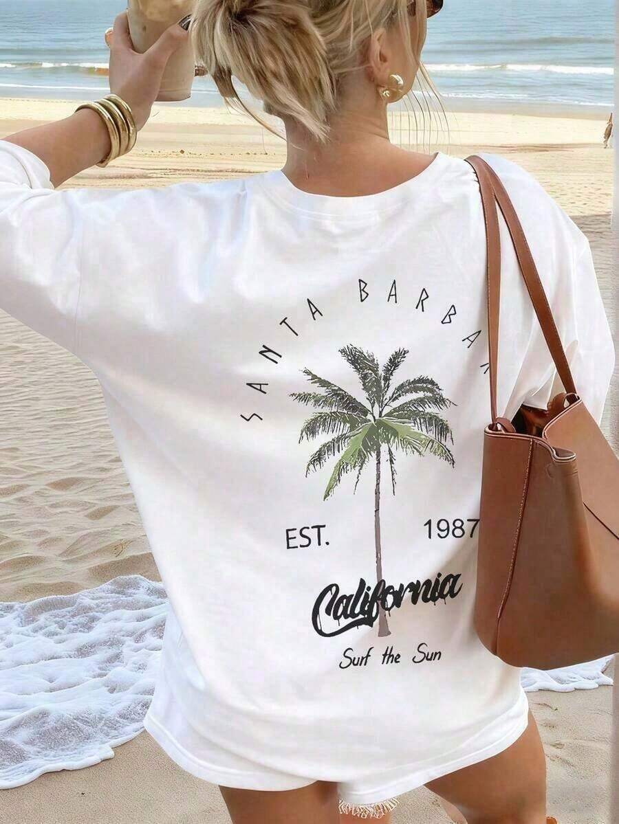 TopsWomen's Casual Round Neck Palm Tree & Letter Print Vacation Style Short Sleeve T-Shirt Top, White & Pink Women's Summer Cotton Short Sleeve T-Shirt, Beach Vacation, Literary & Fresh StyleLoose And Comfortablesummer Tops - 白色 - 查看 1