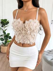 Handmade Floral Rhinestone Decorated Sexy Sparkling Diamond Short Camisole Tank Top, Cute Top For Holiday Party And Outdoor Activities Casual Summer - Apricot - View 4
