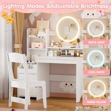 AYYDS 2-In-1 Vanity Set, Princess Children's Vanity Table With Stool, Storage Cabinet, Wooden Dressing Table For Girls, White, Pink - White - View 4