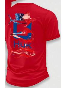 (220 Pieces Of Pure Cotton T-Shirts)HUK TROPHY TRIO Fishing Performance T-Shirt, Moisture Wicking Quick Dry Tee, High-Quality Graphic Printed Outdoor Sportswear, Men's Short Sleeve Shirt, American Flag Fish Trio Art, Marlin & Tuna Graphic, Holiday Gift, Performance Gear, Lightweight Breathable, Camisetas Para Hombre, Men Vacation Outfits, Urban Outdoor Style HKMF - 紅色 - 查看 2