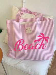 复古条纹帆布手提袋，印有玫瑰红椰子树和“Beach”字样，女士大容量条纹帆布手提袋 - 彩色 - 查看 6