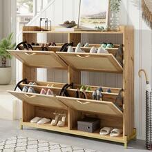 Elegant Wooden Shoe Cabinet With Rattan Doors: 4 Doors, Metal Frame And Top Shelf For Stylish And Organized Storage. - Khaki - View 2