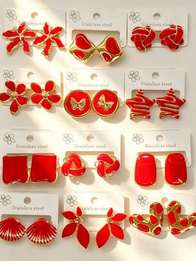 20 Pieces Of Red Stainless Steel Earrings, Containing Elements Such As Shells, Stars, Butterflies, Etc., Suitable For Women's Daily Wear, Are Perfect Holiday Gifts For Friends And Classmates