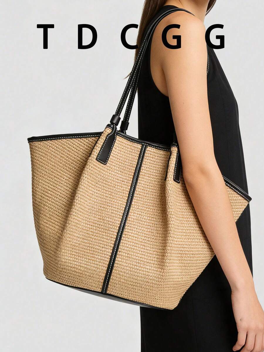 1 pieza Bolso de tote tipo cubo de rafia color albaricoque, bolso de hombro de gran capacidad para mujer, adecuado para la playa, viajes y uso diario - Albaricoque - Ver 1