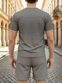 Men's Versatile Geometric Print Round Neck Short Sleeve T-Shirt And Drawstring Waist Pocket Shorts Set - Grey - View 4