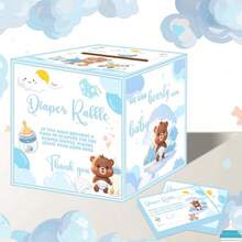 ZDiaper Raffle Box For Baby Shower Game Decorations With 50Pcs Diaper Raffle Tickets Blue Bear Themed Advice And Wishes Diaper Raffle Sign Insert Cards For Gender Reveal Party Plies1 - 如圖 - 查看 1