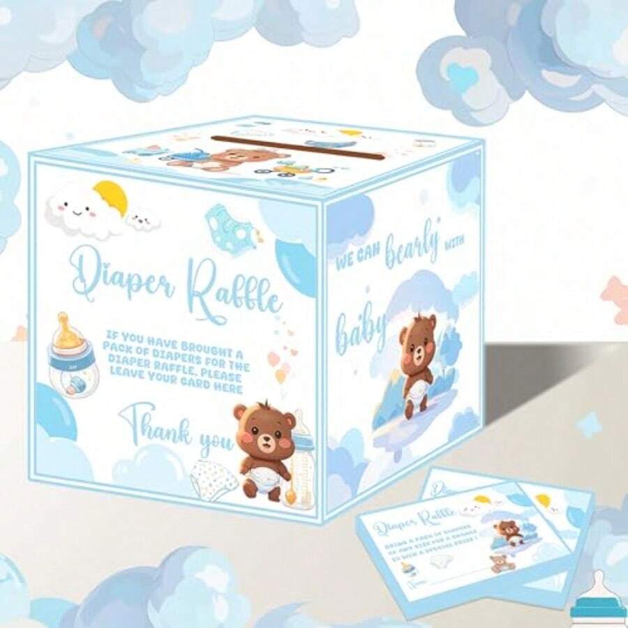 ZDiaper Raffle Box For Baby Shower Game Decorations With 50Pcs Diaper Raffle Tickets Blue Bear Themed Advice And Wishes Diaper Raffle Sign Insert Cards For Gender Reveal Party Plies1 - 如圖 - 查看 1