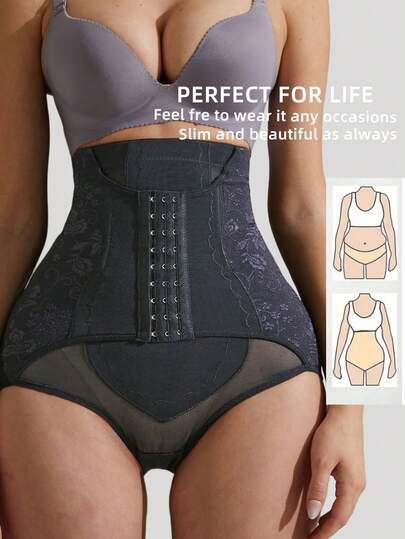 女士高腰蕾丝透气塑身短裤，无缝收腹前钩扣提臀内裤