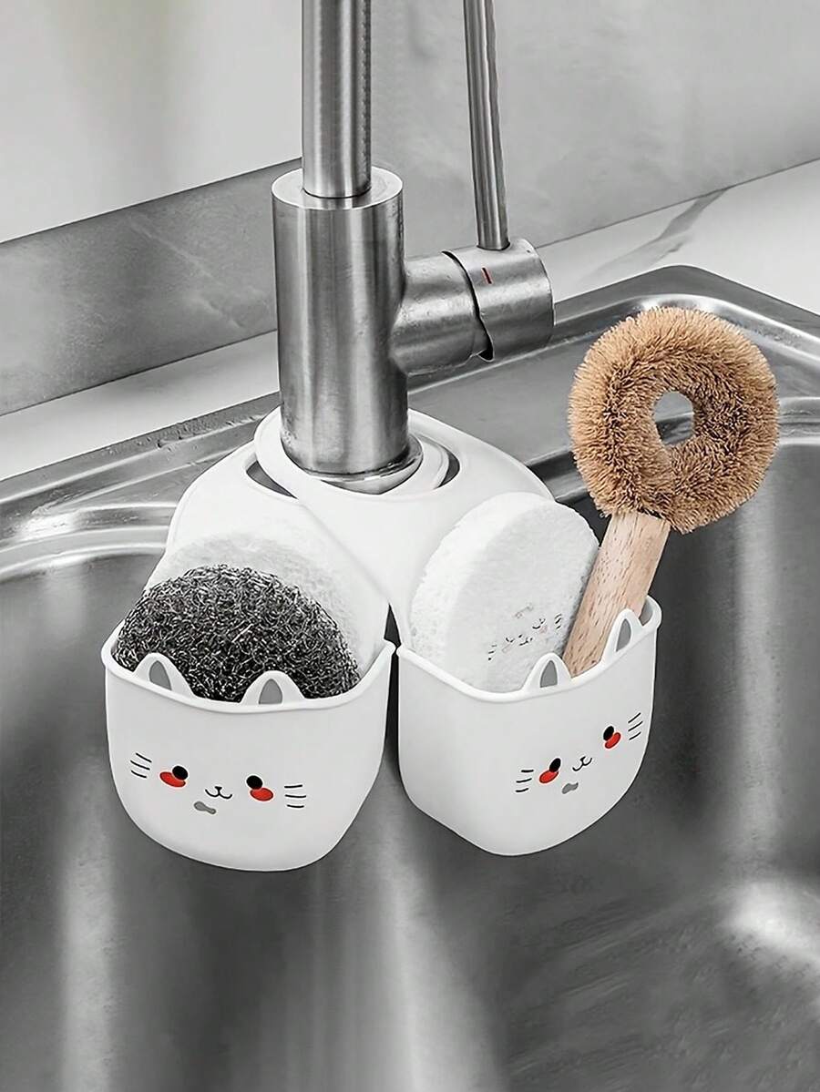 2pcs Cute Cat Silicone Faucet Holder, Sponge Storage Rack With Drain Holes, Suitable For Bathroom And Kitchen Space Saving, Sponge Rack With Drain Holes, Drain Rack, Storage Rack, Sink Drain Rack, Kitchen Countertop Drain Rack, Drainable Dish Rack, Kitchen Sink Drain Rack, Drain Rack | Decorative Storage | Durable Sponge Rack, Bathroom Storage Items And Shelves