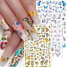 2 buah Stiker Nail Art Acak, Stiker Kuku Perekat Berwarna-warni Motif Kupu-kupu & Bunga Mawar Vintage - MultiWarna - View 1