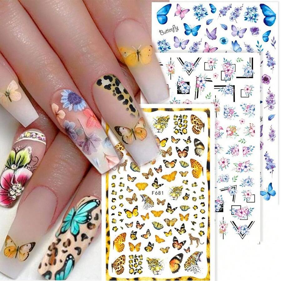 2 buah Stiker Nail Art Acak, Stiker Kuku Perekat Berwarna-warni Motif Kupu-kupu & Bunga Mawar Vintage - MultiWarna - View 1