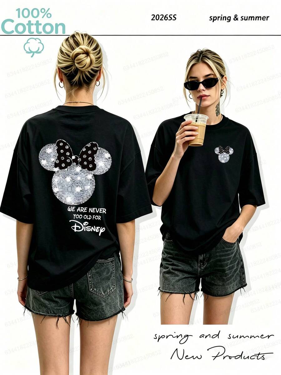 Disney-Authorized Minnie Mouse Pattern Women's Crew Neck 100% Cotton T-Shirt - Lightweight Summer Casual Short Sleeve, Easy To Machine Wash, Versatile Everyday Top, Stylish Design, Breathable Fabric, A Must-Have For Pop Culture Fans - màu đen - Xem 1