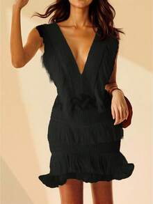Jacquard V-Neck Fringed Textured A-Line Dress, Suitable For Party, Vacation, And Other Occasions Wedding - Ink - View 8