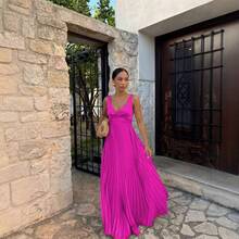 2026 Spring/Summer Formal Dress With Waist-Cinching Pleats, Strapless V-Neck, Solid Color Fashion Dress 68677 - 湖藍色 - 查看 3