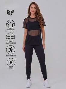 Women's Fitness Set 3-Piece Kit – Complete Gym Look: Top + Leggings + Tulle T-Shirt – 3-In-1 Sports Set – Train With Style And Comfort - Black - View 3