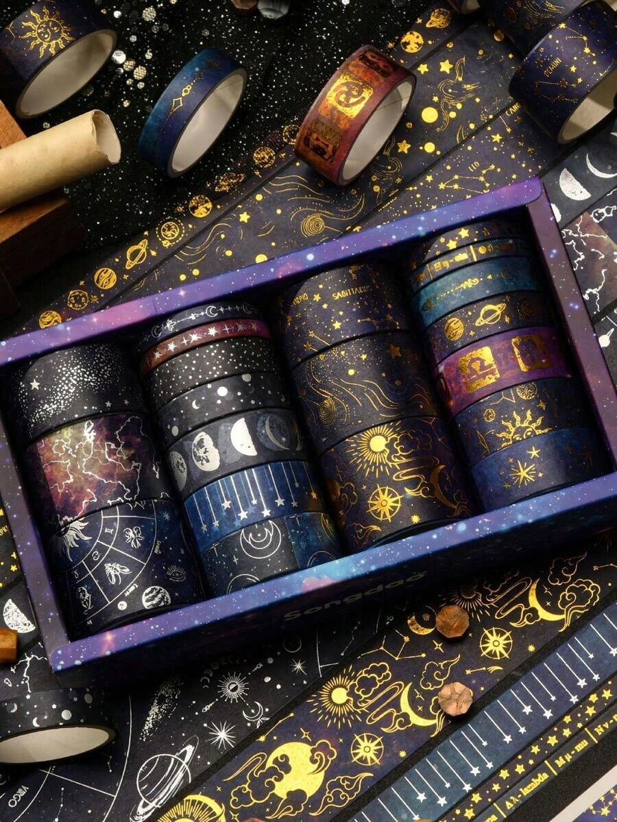 20 Rolls Cosmic Theme Washi Tape Set, Includes Galaxy, Stars, Moon, Gold And Silver Patterns, Suitable For Stamping, Masking Tape, Decorative Stickers, Great For Back To School Season - 均碼 - 查看 1