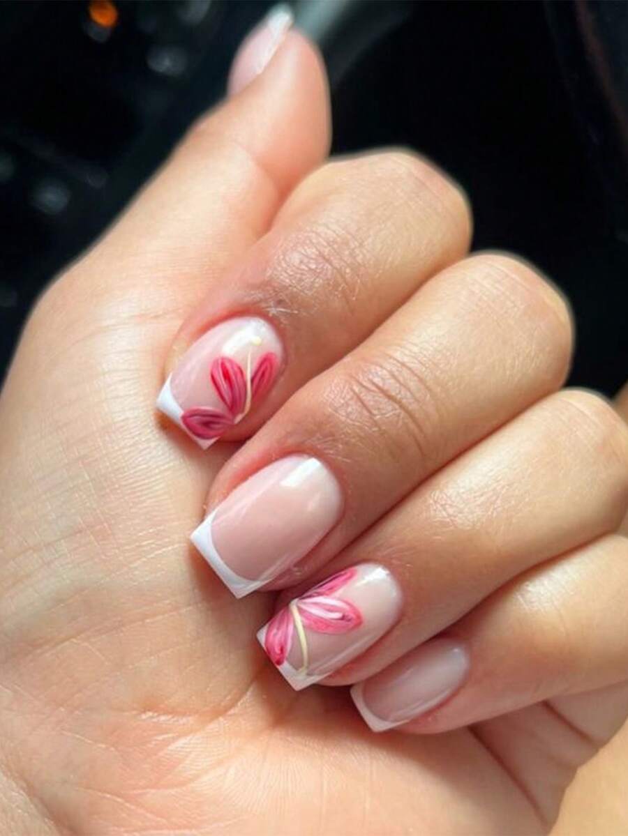 24pcs/Set Square Spring/Summer Soft Pink Gradient With White Floral French Tip Short Press-On Nails, Suitable For Hot Girls, Office Ladies, Parties, Dates And Daily Wear - Multicolor - View 1