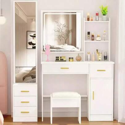 Tocador De Dormitorio Con Luces Led Y Dos Espejos Con Banco mesa de tocador ideal para dormitorio (blanco) Tocador De Maquillaje Blanco Moderno, para Dormitorio,Escritorio con Cajones