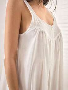 Ocili Camisón con diseño de botones huecos y bordado floral para mujer, vestido de pijama para dama - Blanco - Ver 5