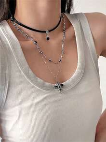 Edgy Chic Black Cross Pendant Necklace, Multi-Layer Chain Choker Necklace, Delicate Collarbone Chain - Black - View 4