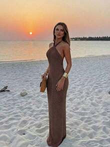 Vestido de tirantes con decoración de perlas falsas para mujer, vestido holgado con cordones azules, vestido lápiz de estilo bohemio.Adecuado para salidas a la playa, vacaciones casuales, festivales de música, fiestas en la playa y eventos de cóctel en verano - Café ligero - Ver 5